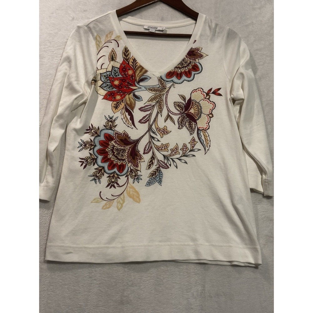 Chico's Top Women's Floral V-neck Pullover 3/4 Sleeve‎ Flowers Size 1 Med White
